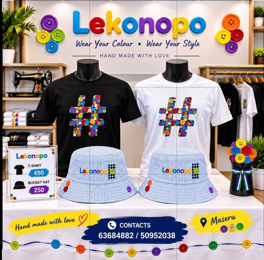 The Lekonopo shop banner, showing the hashtag tees, seersucker bucket hats and the price board